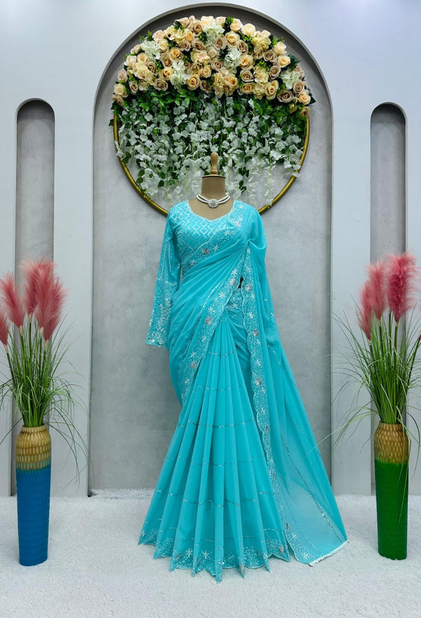 sky blue heavy designer saree for girls