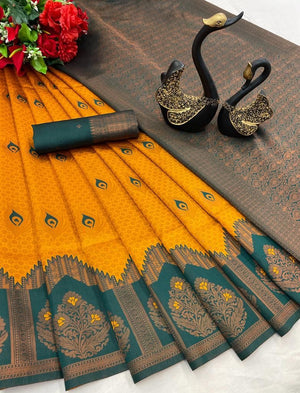 yellow and green designer pattern saree for women