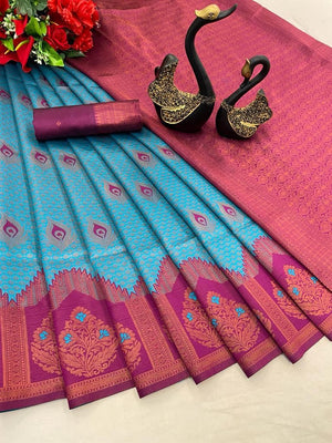 sky blue and red designer pattern saree for women